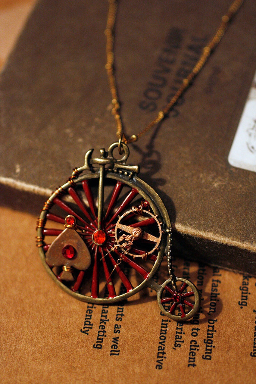 OOAK Steampunk Antiqued brass bicycle large pendant (7cm) with chain