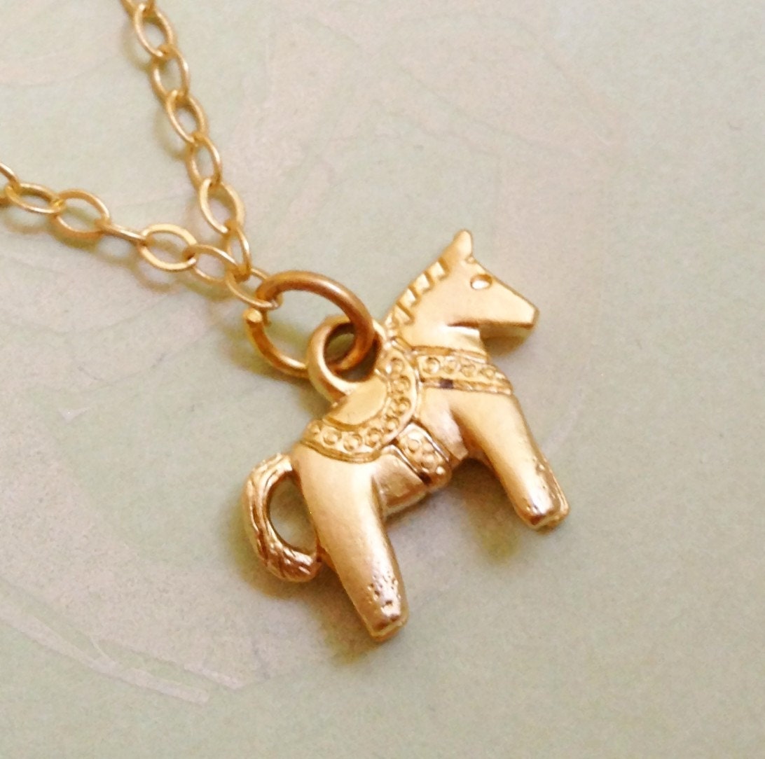 Golden Dala Horse Charm Necklace Scandinavian Animal