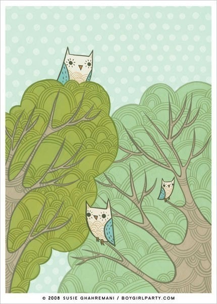 OWLS art print POLKA DOT owl by Susie Ghahremani, tree treetop owl artwork - baby nursery art