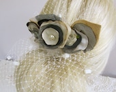 Floral Bridal Hair Comb with Netting : Grey and Yellow with Vintage Fabric and Pearls