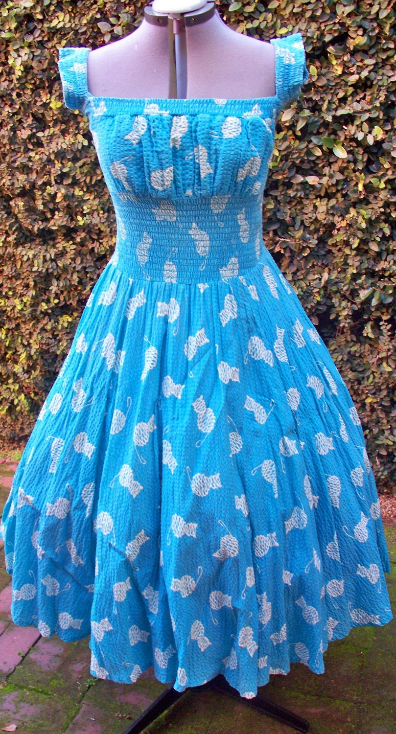 Turquoise Blue Circle Skirt 50s Sundress with Kitty Print VLV