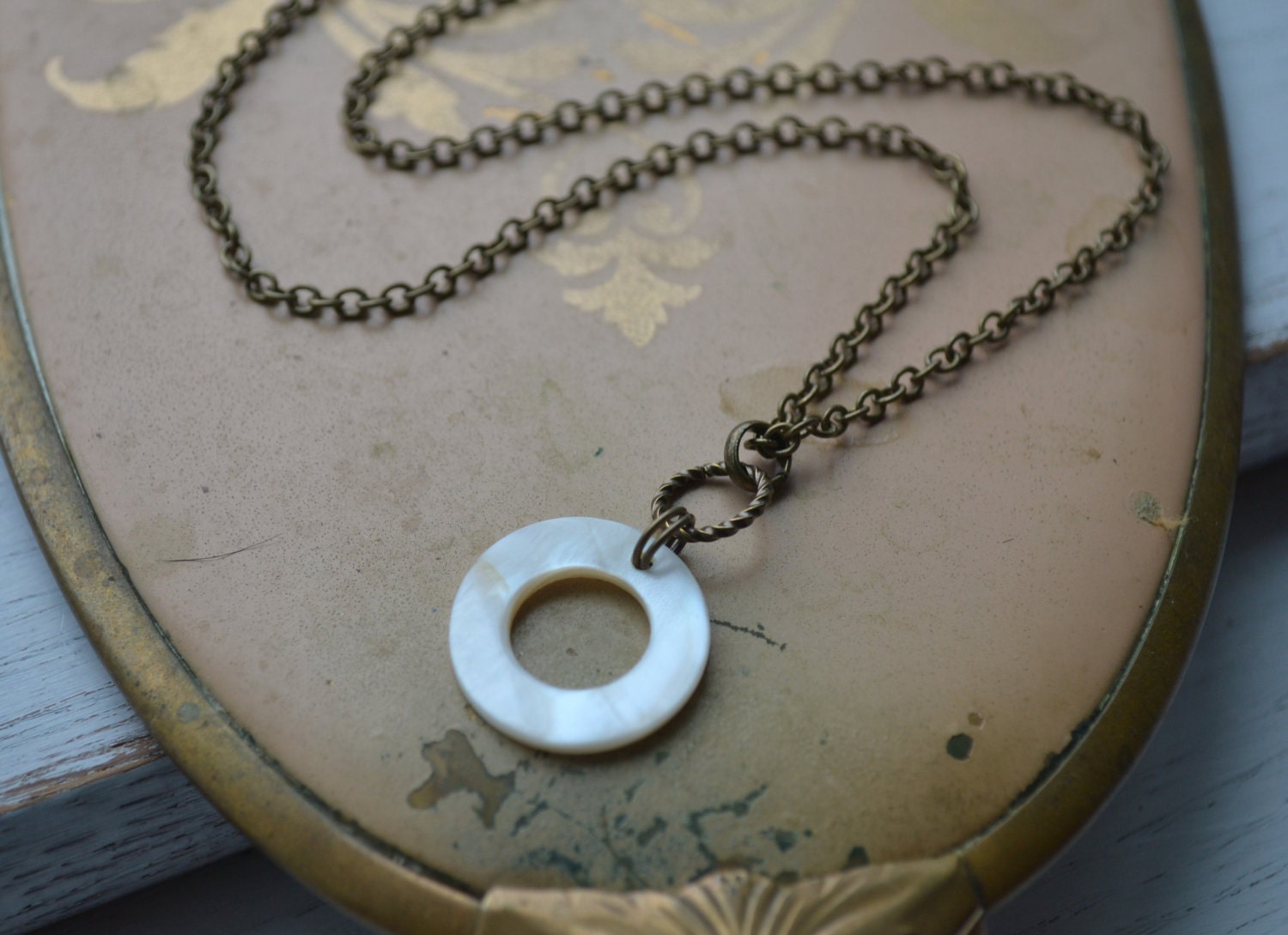Simple Shell Necklace, Mother of Pearl Circle, Antique Bronze Chain