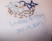 Hand Embroidered Love Birds Handkerchief -- Custom Made With Your Color Choices for Embroidery and Scalloped Edging
