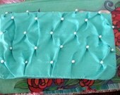Aqua Pearls Silk Jewelry Envelope Clutch Purse - Vintage - Travel Accessory Bag - Turquoise Blue Pouch Case