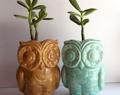 Ceramic Tiki Owl Planter Vintage Design in Aqua Blue
