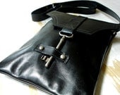 Black Leather Messenger with Antique Skeleton Key - Flat  Style - MADE TO ORDER