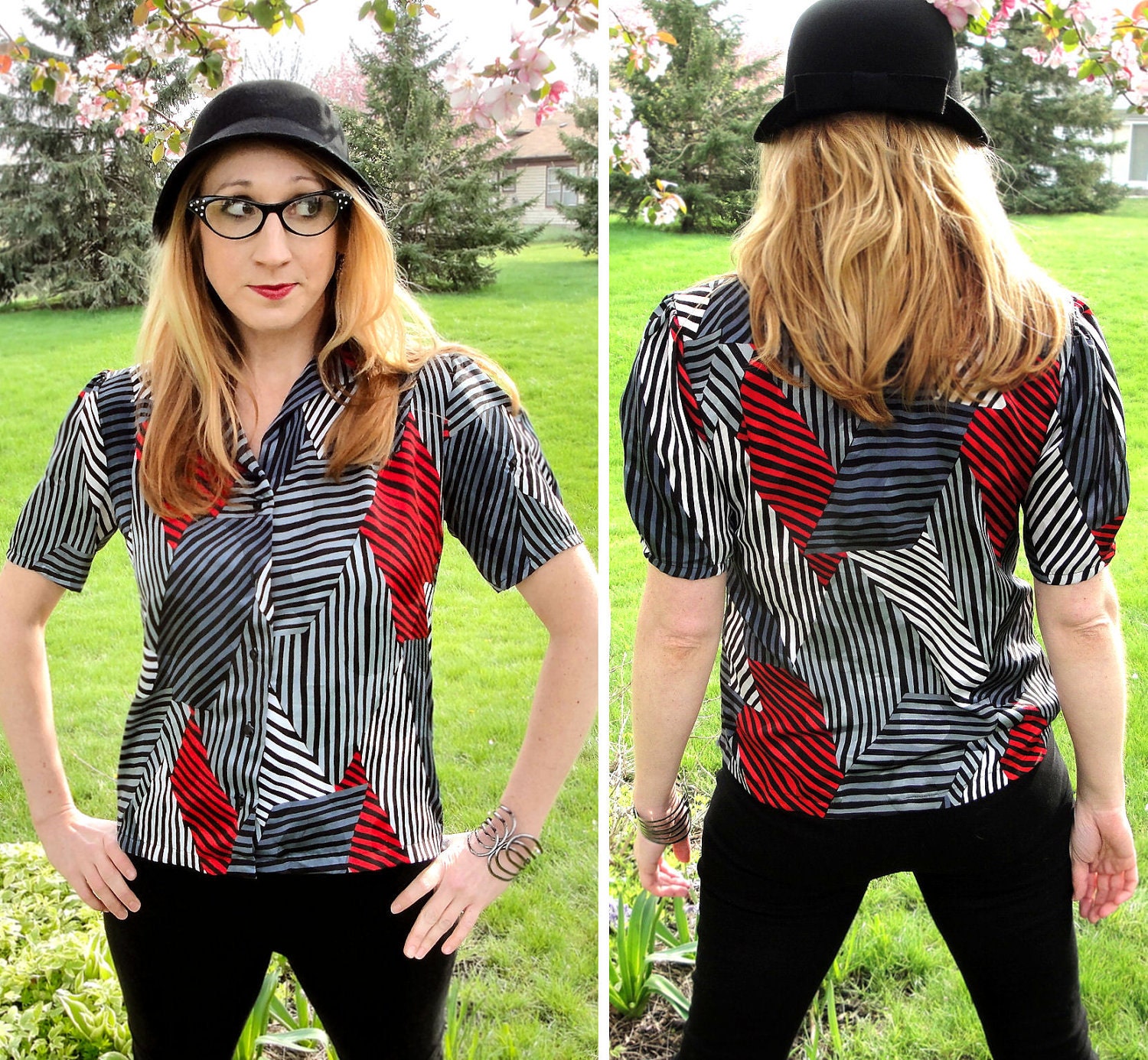 Vintage Striped Top in Red, Black, and Gray with Puff Sleeves and Button Front - Unique Collar