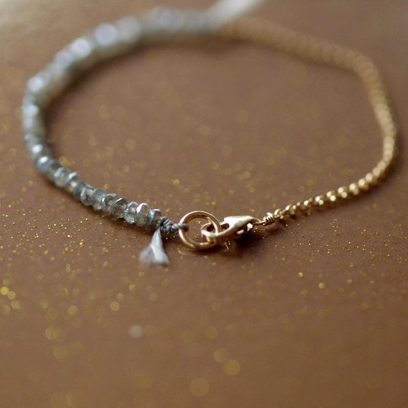Labradorite Bracelet Gemstone Sparkle Gold Chain Silk Cord Delicate Handmade Jewelry