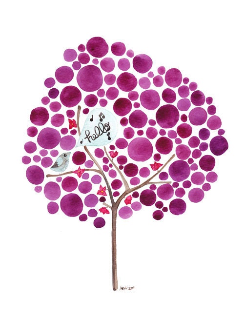 Hello Watercolour Tree Bird Art Print Inspirational Nursery Wall Art