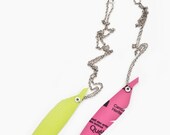 necklace . long feather . recycled billboard banner in lime green OR fushia