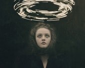 Conjuring - FREE SHIPPING - Print Magic Light Circle Wormhole Spinning Woman Girl Face Portrait Dark Black Yellow Streaks Surreal Art Creepy
