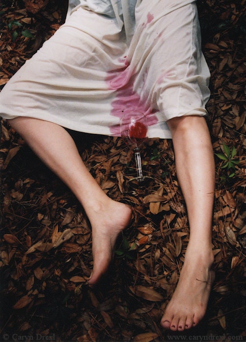 Catching or Spilling - FREE SHIPPING - Print Woman Pink Red Wine Legs Dirt Ground Leaves Spilled Nature Brown Woods Surreal Weird Art
