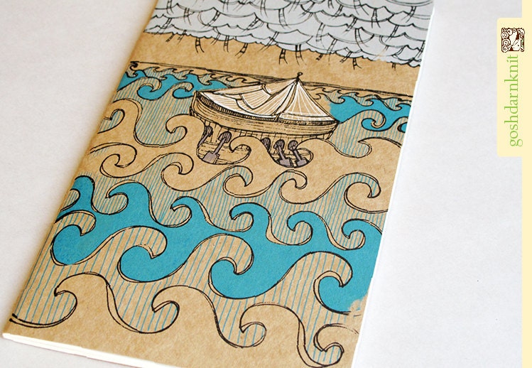 Lost Moleskine Cahier Journal . Large . Ruled . Viking Ship . Blue Sea Ocean Waves . Grey Clouds