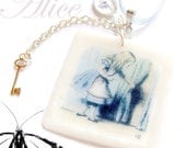 Alice in Wonderland Pendant Secret Door with Golden Key and Tiny White Rabbit Charm