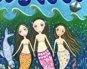 Mermaid print folk art girls room art three sisters whimsical childrens wall decor - 'Ocean of Trust'