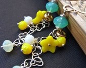 On Sale - Earrings - sterling silver, goldfill, vintage glass, vintage lucite, green and gold - Golden Wattle