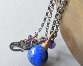 Necklace - sterling silver, wire wrapped, oxidised, lapis lazuli, amethyst, goldfill - Dusk