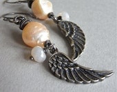 Earrings - sterling silver, wings, druzy freshwater pearls, mystic chalcedony - Take Flight