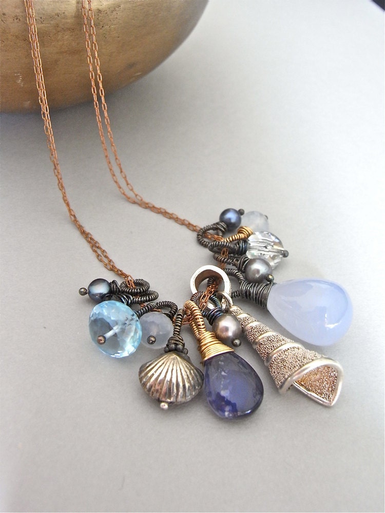 Necklace - sterling silver, red brass, wire wrapped, oxidised, mixed gemstone, freshwater pearl - Mermaid