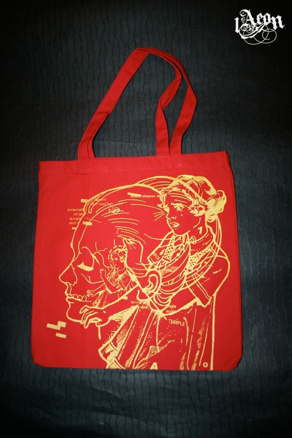 graphic tote bag, screenprint bag, womens red tote, 1AEON red tote with golden Metamorph design