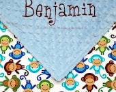 Baby Boy Monkey Blanket , Minky Dot and Monkeys - Organic Fabric , Personalized Stroller Blanket for Baby Boy , 30x40