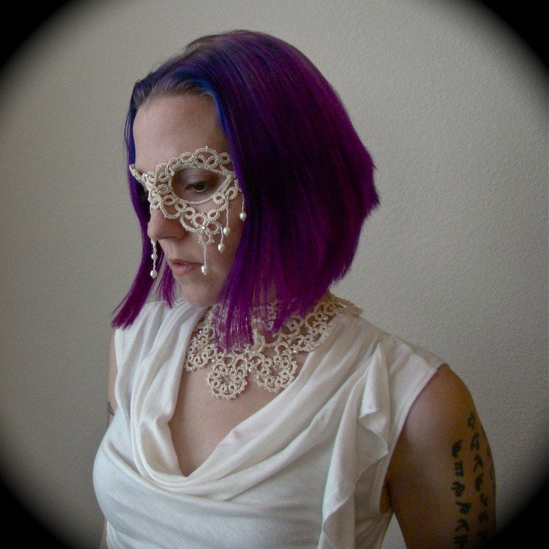 Tatted Lace Mask - Such A Sad Love - Ivory - Pearl and Crystal Embellished