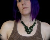 Tatted Lace Necklace - Trailing Scrolls - Forest Green and Copper