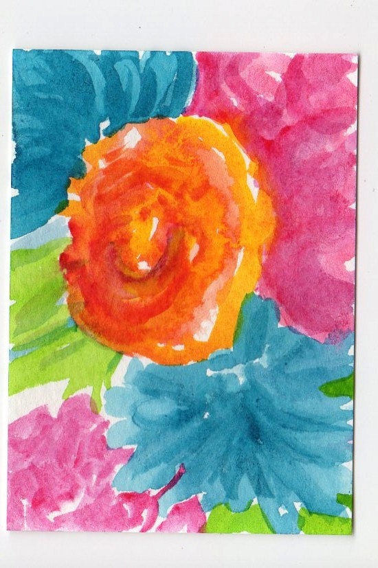 ACEO Original Peonies, ranunculus and aqua flowers Watercolor Painting