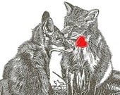 Red Fox Card Valentine and Heart Lollipop Foxes Romantic Anniversary Love Greeting Card Pen and Ink