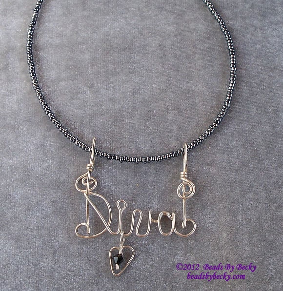 wire sculpted  'Diva'  pendant and seed bead necklace custom designer word name