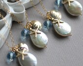 Set of SIX Bridesmaid Necklaces, Beach Wedding Jewelry, Monogram Initial Charm, Starfish Pearl Pendant, Blue or Custom Color Crystal