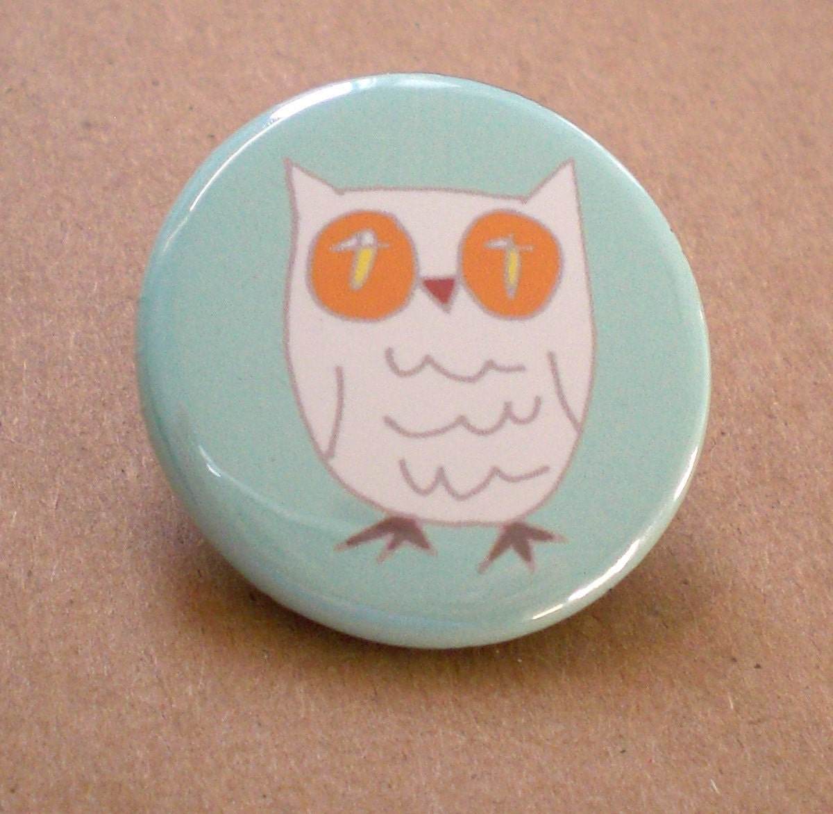 Snowy Mint Owl, pinback button of original illustration by Anna Tillett Designs
