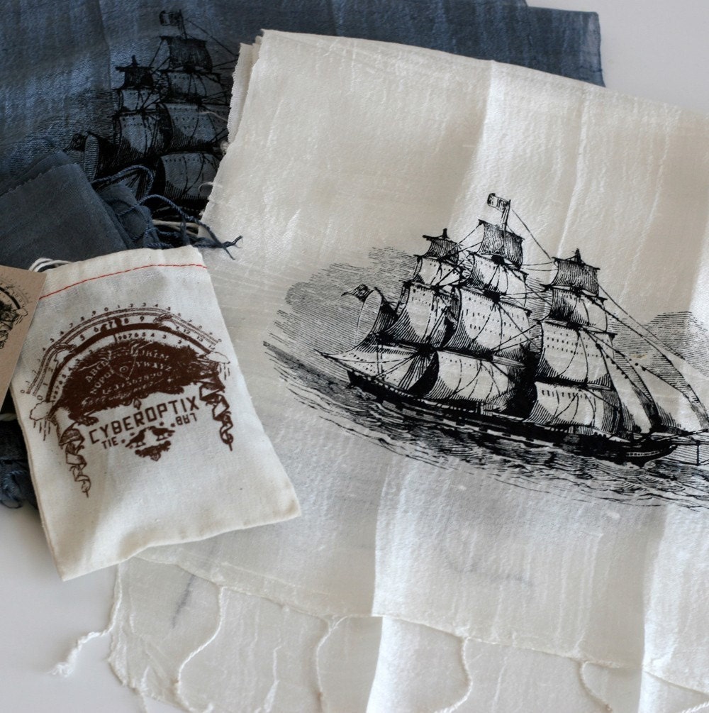 Clipper Ship silk scarf. Woven silk scarf, navy blue print. Choose Cream or steel blue scarf. For men or women.