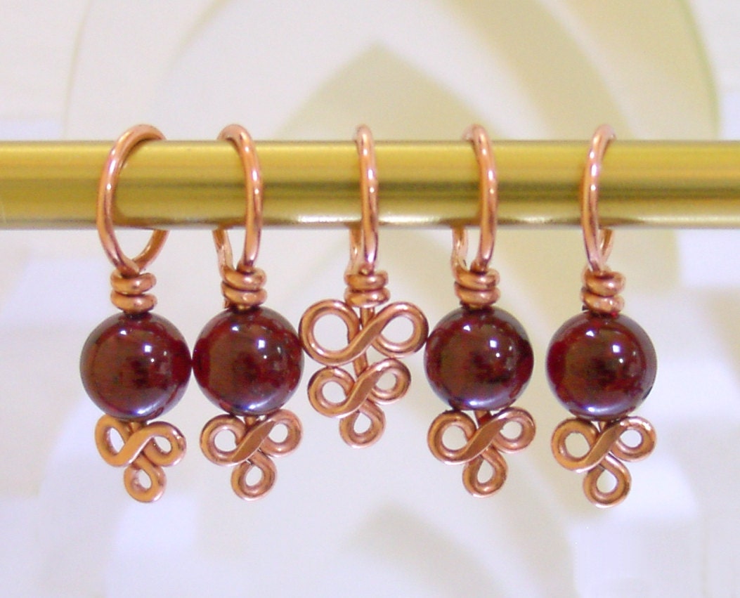 Copper and Garnet Stitch Markers - Set of 5 - Excellent Hand Craftsmanship for Your Knitting