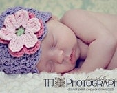Baby Hat, Crochet Hat, Girl Hat, Newborn Shell Beanie with Flowers -lt grape, rose, pink, celery, Free US Shipping