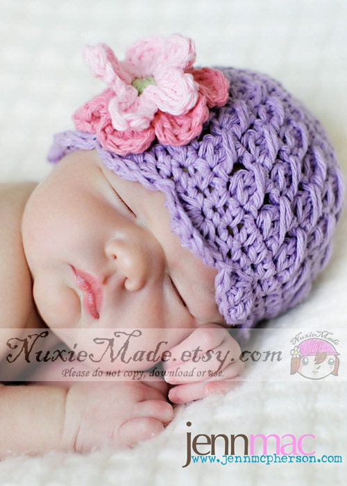 Baby Hat, Child Hat, Infant Hat, Shell Beanie with Flowers size 0-3 months lt grape rose pink celery Free US Shipping, newborn-kids