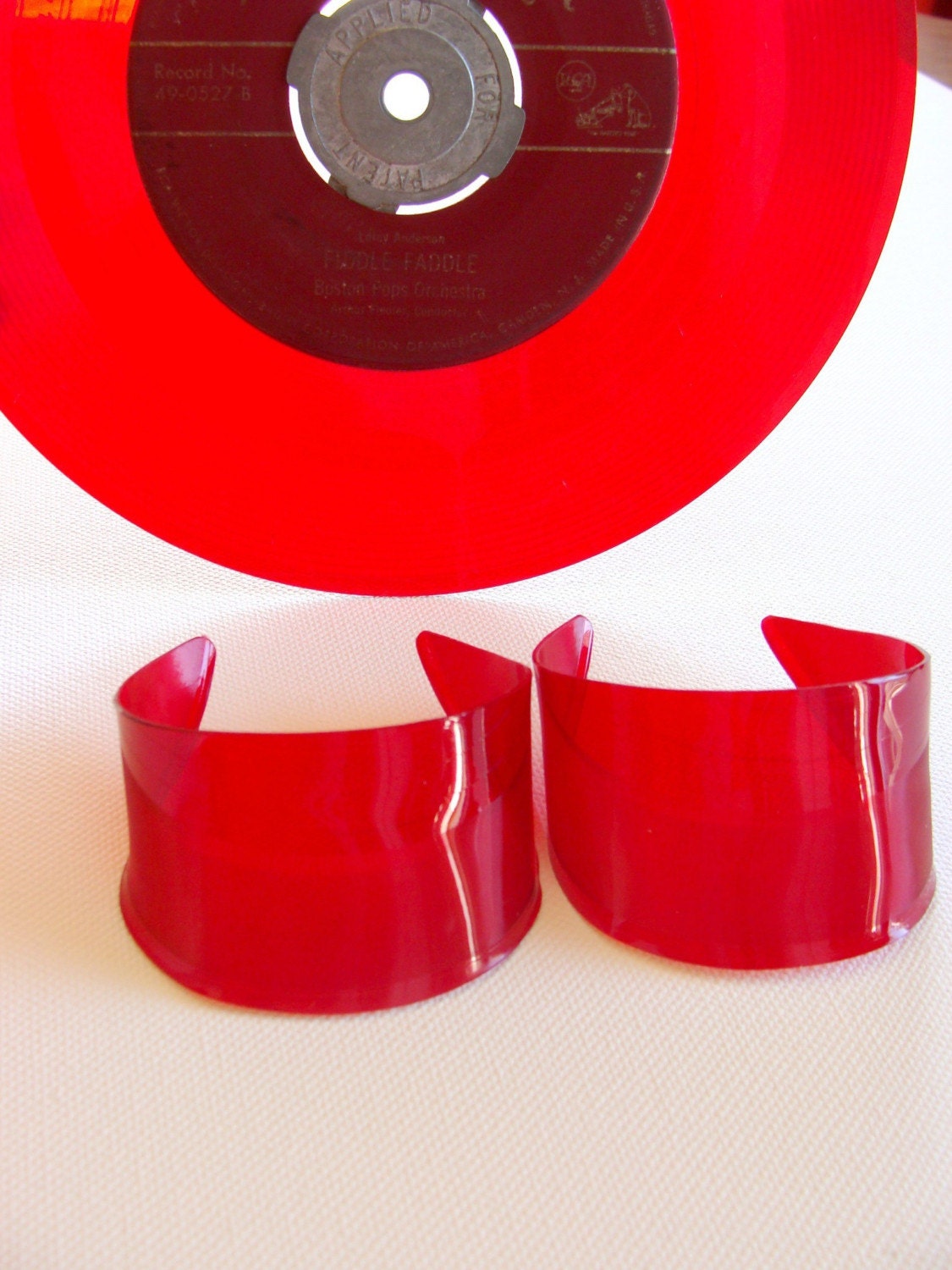 Red Vinyl Record Cuffs. Set of 2