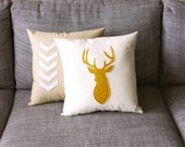 Mustard & Linen Decorative Deer Pillow  - 14X14 - yellow and beige - regansbrain