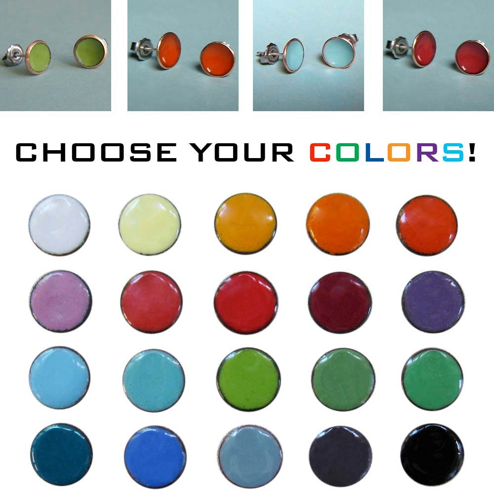 CUSTOM Tiny Delights Enamel Stud Post Earrings: One Pair in Your Choice of 20 Colors, Kiln-fired Glass Enamel and Sterling Silver