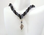 Silver Leaf Necklace Black Grey Seed Bead Fine Silver Pendant