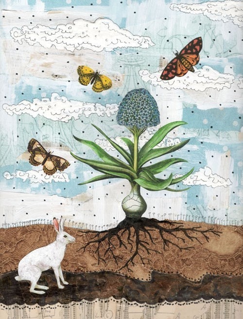 Rabbit Illustration , Animal Art , Mixed Media Art Print , Whimsical Art. print 7307