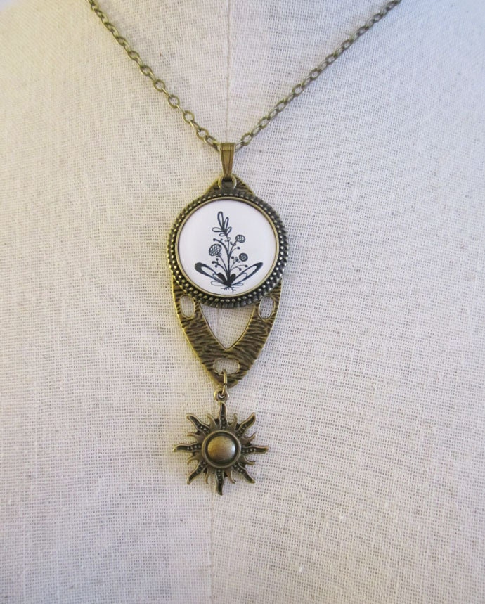 Flower Pendant Necklace , Woodland Jewelry , Art Jewelry , Mixed Media Jewelry