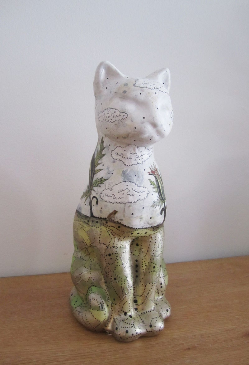 Cat Sculpture , Animal Sculpture ,  Collage Mixed Media Altered Art Sculpture , One of a Kind Whimsical Art