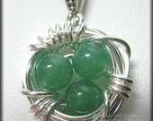 Bird Nest Pendant with Green Aventurine Eggs in Sterling Silver Wire Wrapped Mother's Day Mom Mum