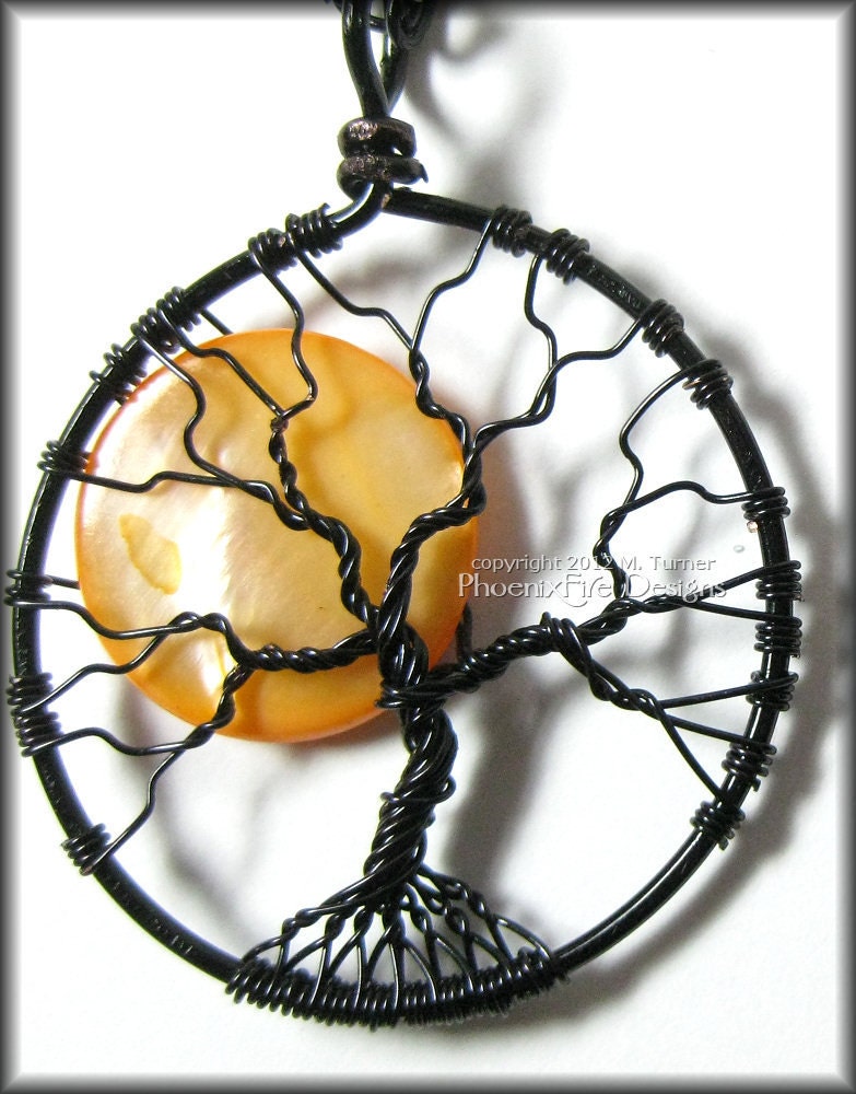 Under A Halloween Moon - Full Moon Tree of Life Pendant Orange Pearl Coin Bead Black Wire Haunted Forest Harvest Moon Jewelry Design Star