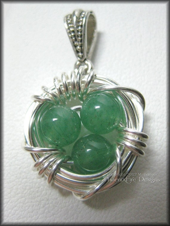 Bird Nest Pendant with Green Aventurine Eggs in Sterling Silver Wire Wrapped Mother's Day Mom Mum