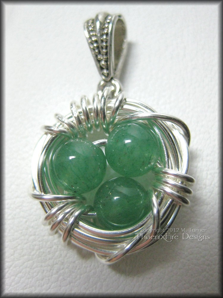 Mother's Bird Nest Pendant Green Aventurine Eggs in Sterling Silver Wire Wrapped Mother's Day Mom Mum Gift for Her