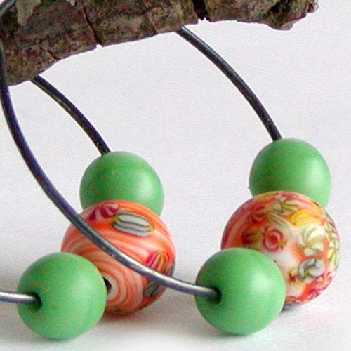 Vintage Millefiore Beads - Green and Orange Hoop Earrings