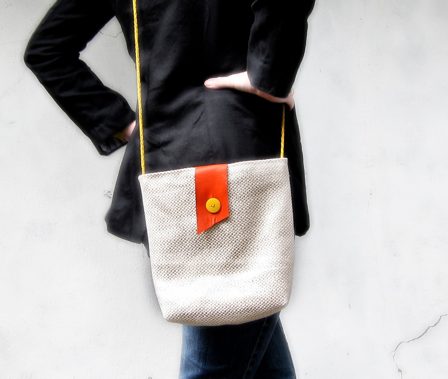 Cross body bag linen purse yellow cotton knit rope strap orange leather flap memake handmade fashion accessory