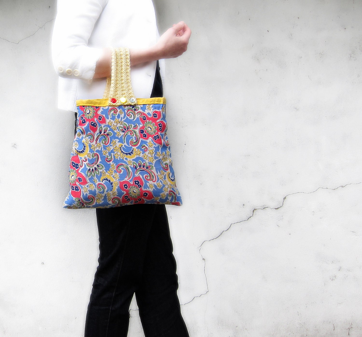 Vintage fabric purse floral bag knitted handle yellow pink blue 1950s paisley print handbag memake handmade